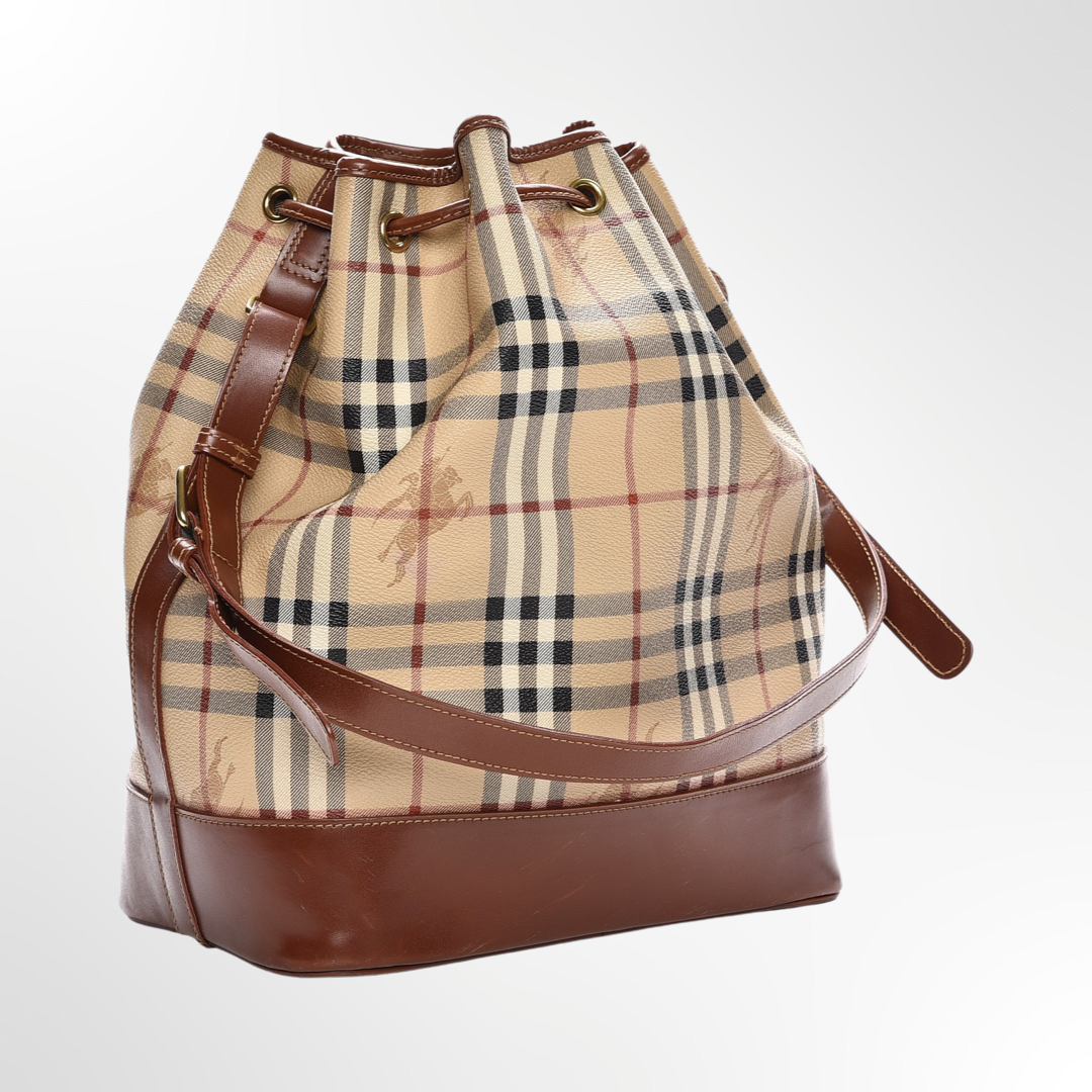 Cartera Haymarket Check Drawstring Bucket Bag Tan