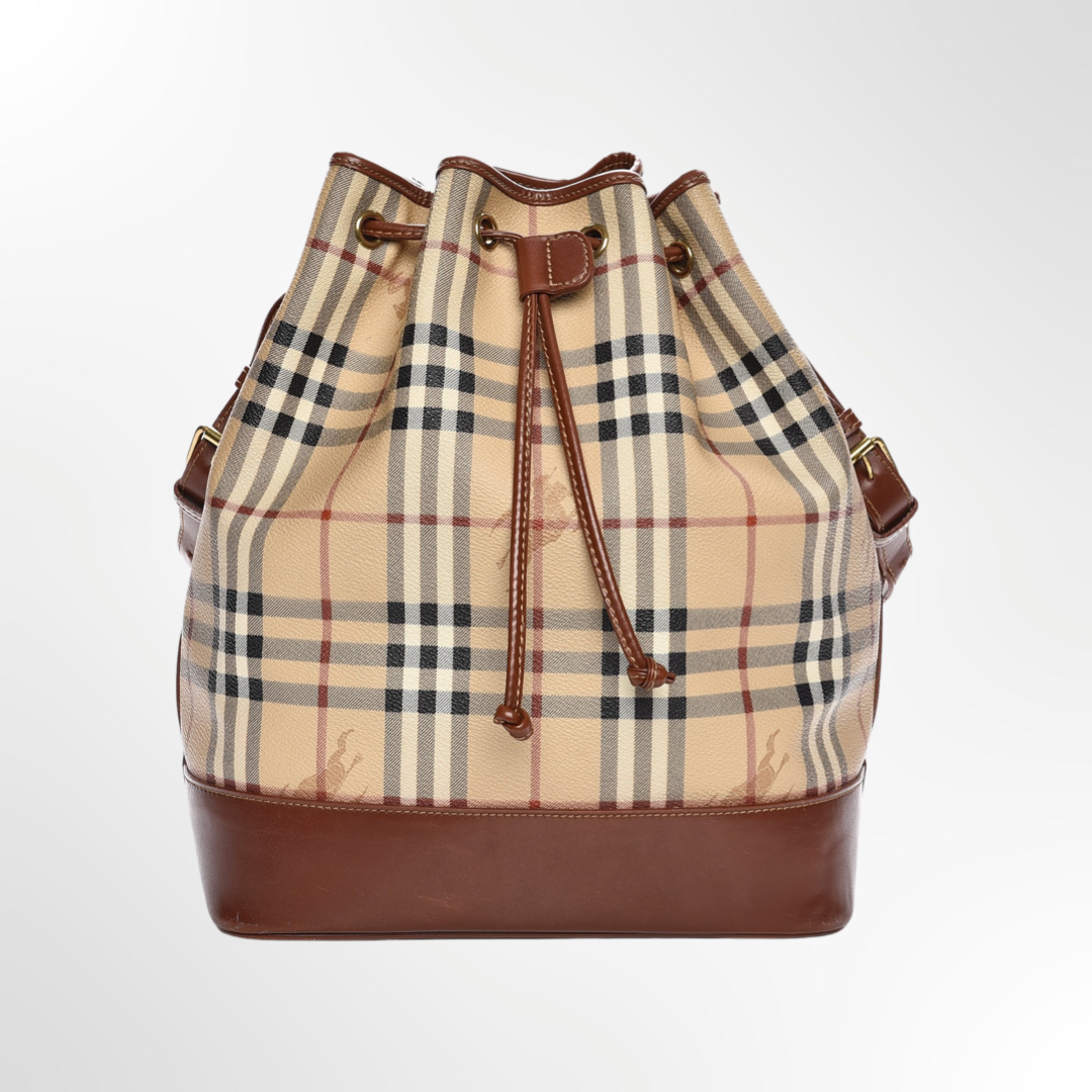 Cartera Haymarket Check Drawstring Bucket Bag Tan