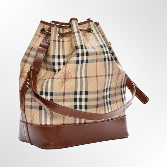 Cartera Haymarket Check Drawstring Bucket Bag Tan
