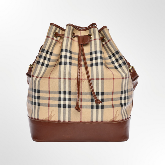 Cartera Haymarket Check Drawstring Bucket Bag Tan