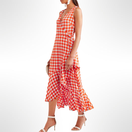 Orange Silk Gingham Midi Dress -T.38