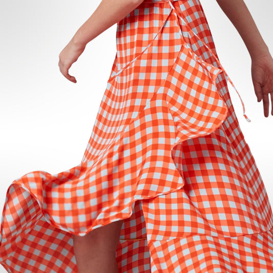 Orange Silk Gingham Midi Dress -T.38